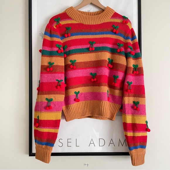 Farm Rio Colorful Stripe 3D Cherry Crochet Wool Blend Sweater NWT Small - Picture 6 of 16